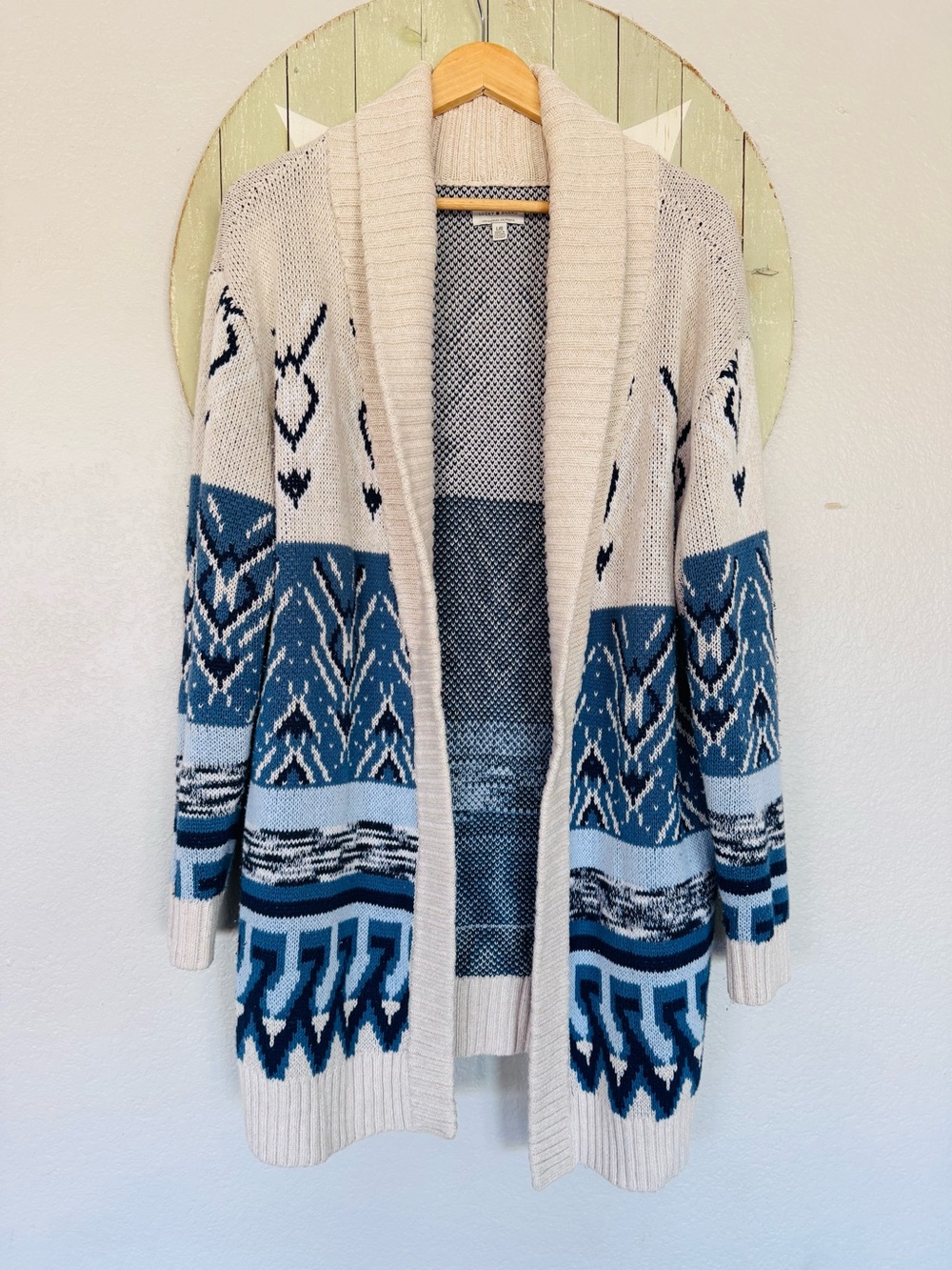 lucky brand large blue & off white boho cardigan